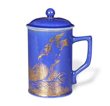 民國(guó)祭藍(lán)釉描金松鶴茶杯