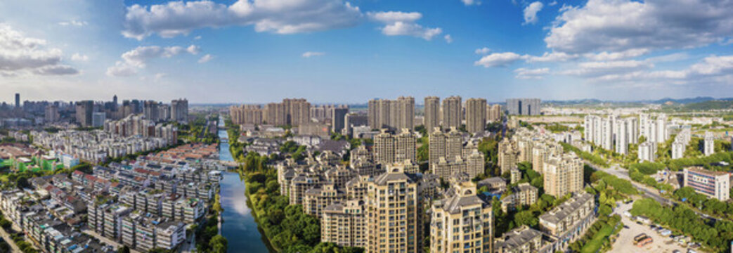 上虞城市風光航拍全景