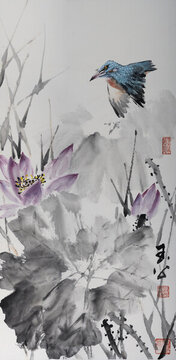 中國(guó)寫意畫原創(chuàng)手繪翠鳥荷花