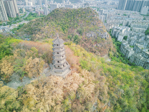 航拍柳州蟠龍山文光塔與居民樓