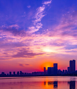 武漢沙湖公園日落夕陽紫風(fēng)景
