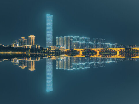 柳州壺東大橋與江邊建筑群夜景