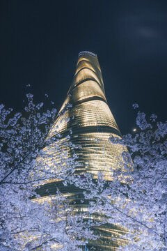 上海中心大厦与夜晚的樱花