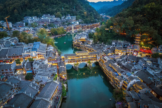 航拍苗族特色建筑夜景