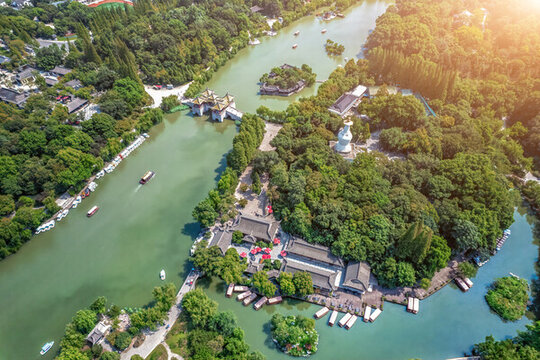航拍揚州瘦西湖五亭橋
