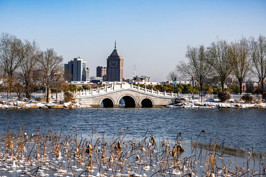 初雪后的中國(guó)長(zhǎng)春南湖公園雪景