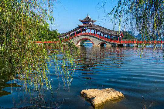 公園拱橋柳樹