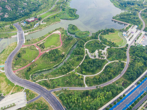 山東濟南華山湖濕地公園航拍