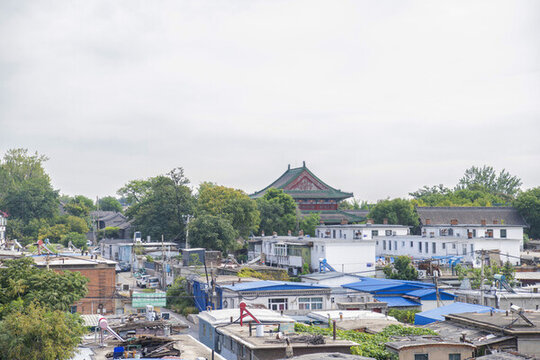 俯視山海關古城古建筑與平房