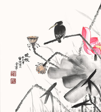 晚秋水墨畫
