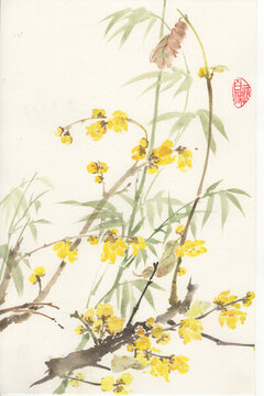 國(guó)畫(huà)高清掃描臘梅竹圖