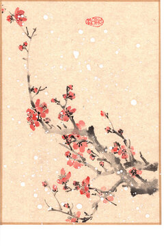 國(guó)畫(huà)掃描圖水彩畫(huà)喜慶紅梅雪梅