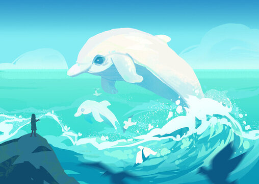 自然大海海豚手绘小清新治愈插画