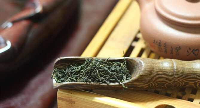 茶勺里的绿茶茶叶