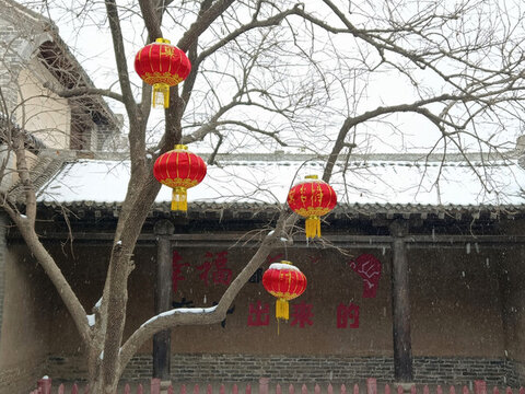 大雪天農(nóng)村樹上紅燈籠