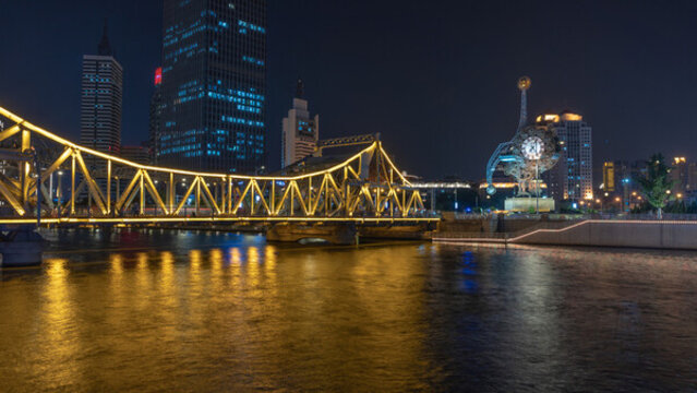 天津解放橋世紀鐘夜景