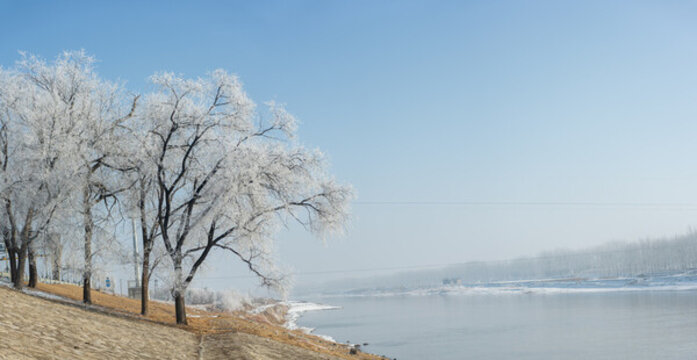 古运河畔雾凇雪景自然风光