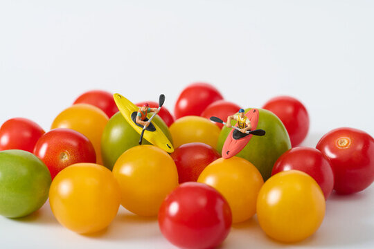 创意微距模型人物与多彩小番茄