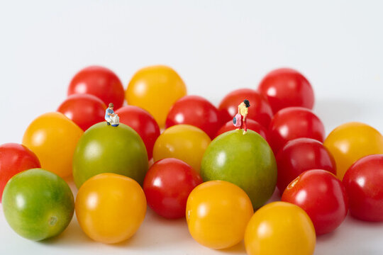 创意微距模型人物与多彩小番茄