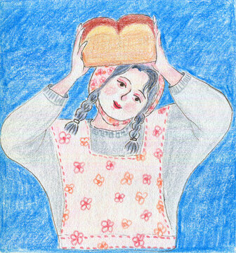 彩铅插画手绘举面包的女孩烘焙