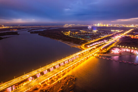 中國哈爾濱松花江公路大橋夜景