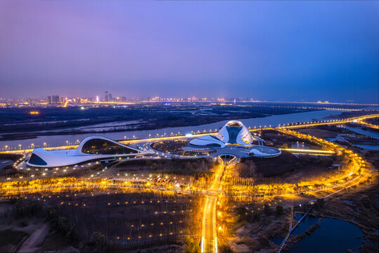 中國黑龍江哈爾濱大劇院夜景航拍