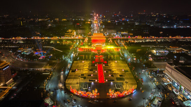 航拍西安城墻永寧門夜景
