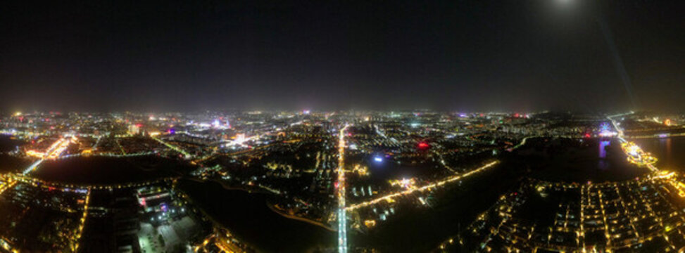 山東聊城城市夜景航拍全景圖