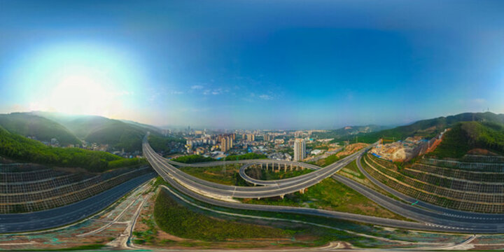航拍景洪市城市風(fēng)光與高架橋交通