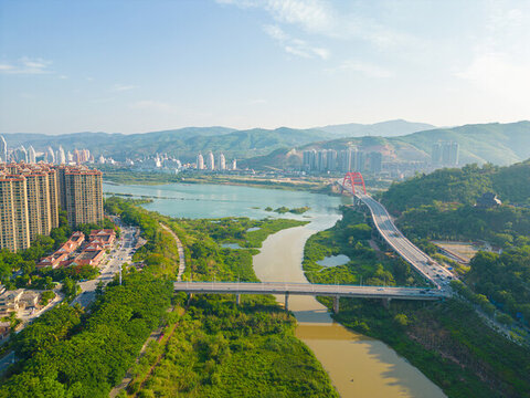 航拍西雙版納景洪市城市風光