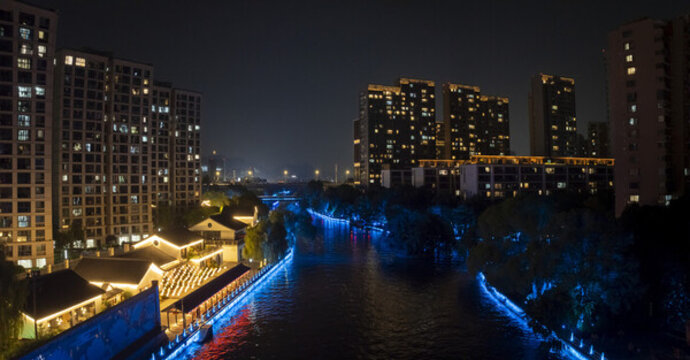 杭州拱墅區(qū)上塘河夜景航拍