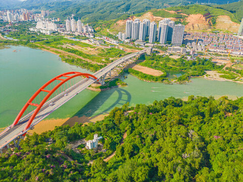 航拍西雙版納景洪市黎明大橋