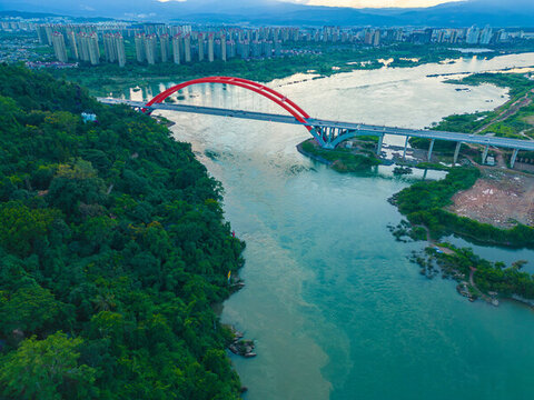 航拍西雙版納景洪市黎明大橋
