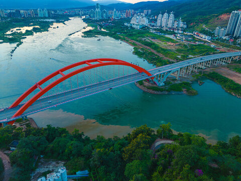 航拍西雙版納景洪市黎明大橋