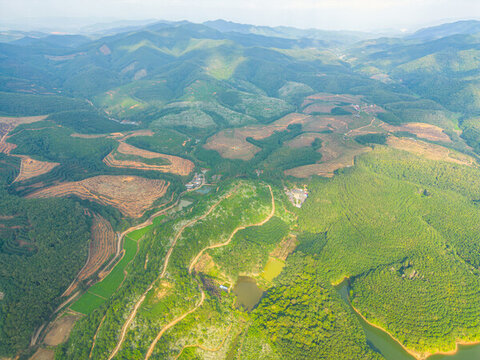 航拍山間梯田茶園田園風(fēng)光