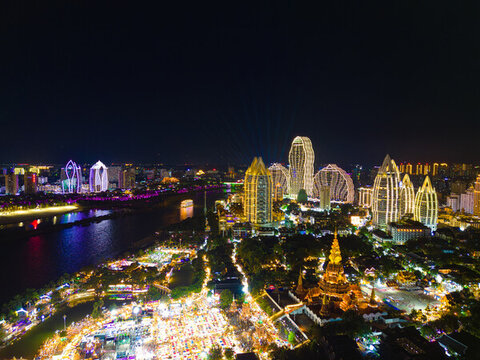航拍西雙版納告莊西雙景星光夜市