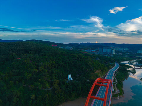 航拍西雙版納景洪市黎明大橋
