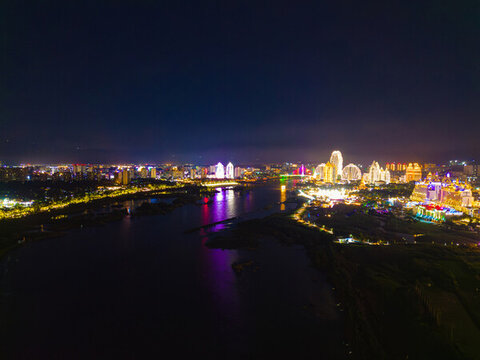航拍西雙版納景洪市城市夜景