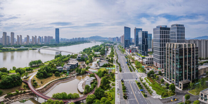 航拍上虞一江兩岸城市風(fēng)光