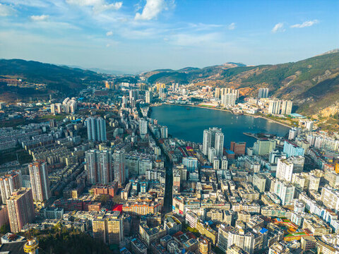 航拍云南紅河州個舊市城市風光