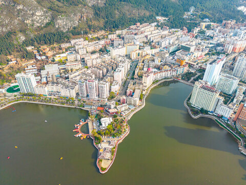 航拍云南紅河州個舊市城市風光