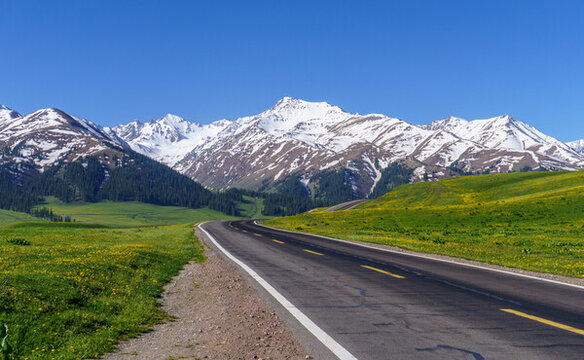 新疆伊犁那拉提草原公路雪山