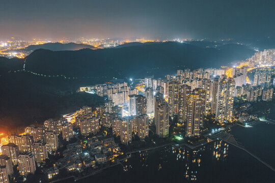 湖南長沙岳麓區(qū)居住區(qū)夜景航拍