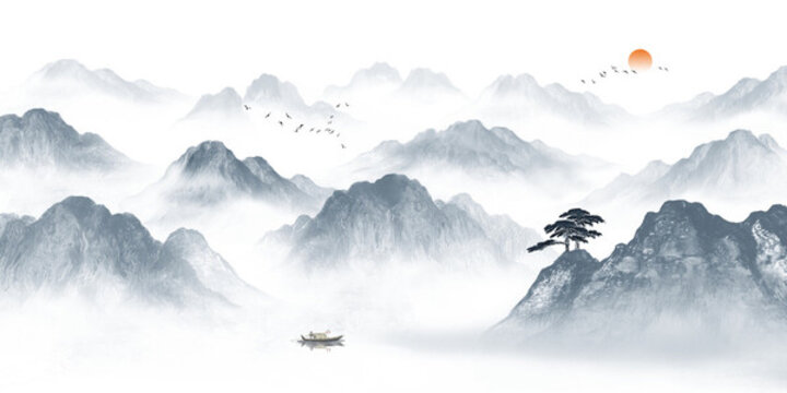新中式意境山水畫背景墻