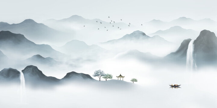 新中式意境山水畫(huà)背景墻