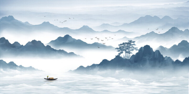 新中式意境山水畫背景墻