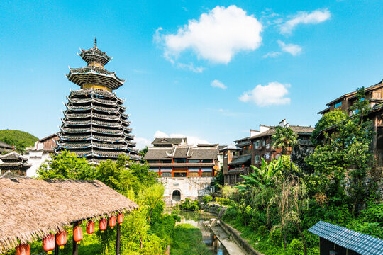中國貴州旅游風(fēng)景鼓樓百年古鎮(zhèn)