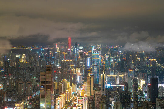 航拍視角福田CBD平安金融夜景