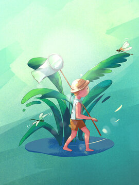 童年夏季抓蜻蜓治愈插畫