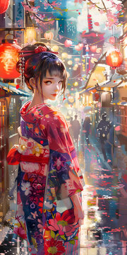 一個身穿和服的女子漫步在日本的街道上